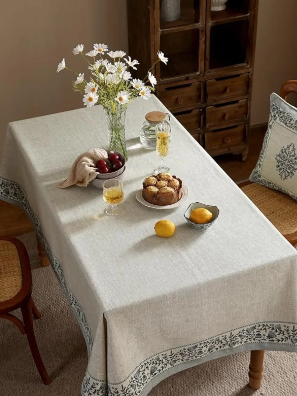 Neutral Designer Linen-Look Tablecloth with Floral Border 71 X 55